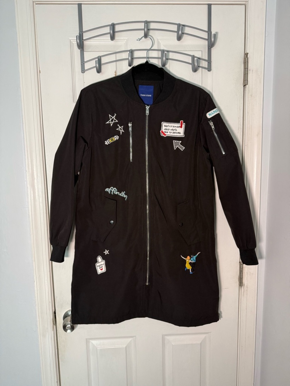 Frank Stone Long Bomber Jacket with Embroidered Patches